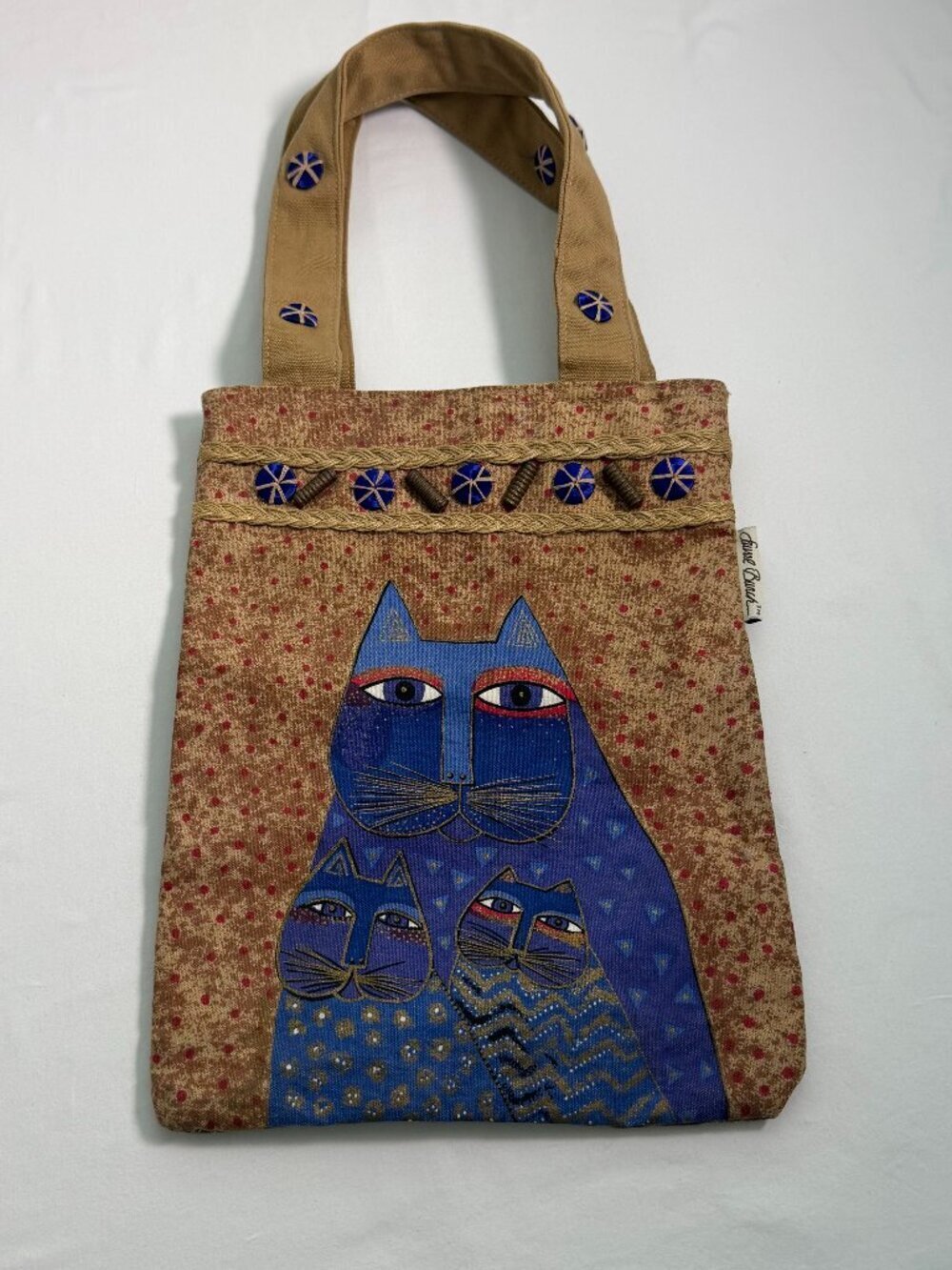 Laurel Burch Cat Tote Bag Vintage Style Canvas Handbag Blue Cats Folk Art Zipper
